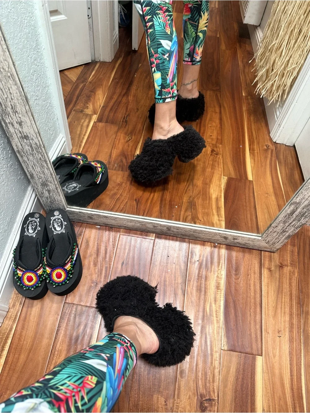 Black fluffy faux fur platform crocs 7